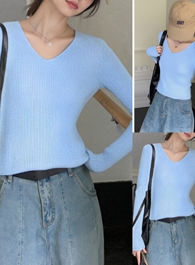 2025秋季新款v领修身显瘦蓝色针织衫女高级气质通勤外穿羊毛上衣