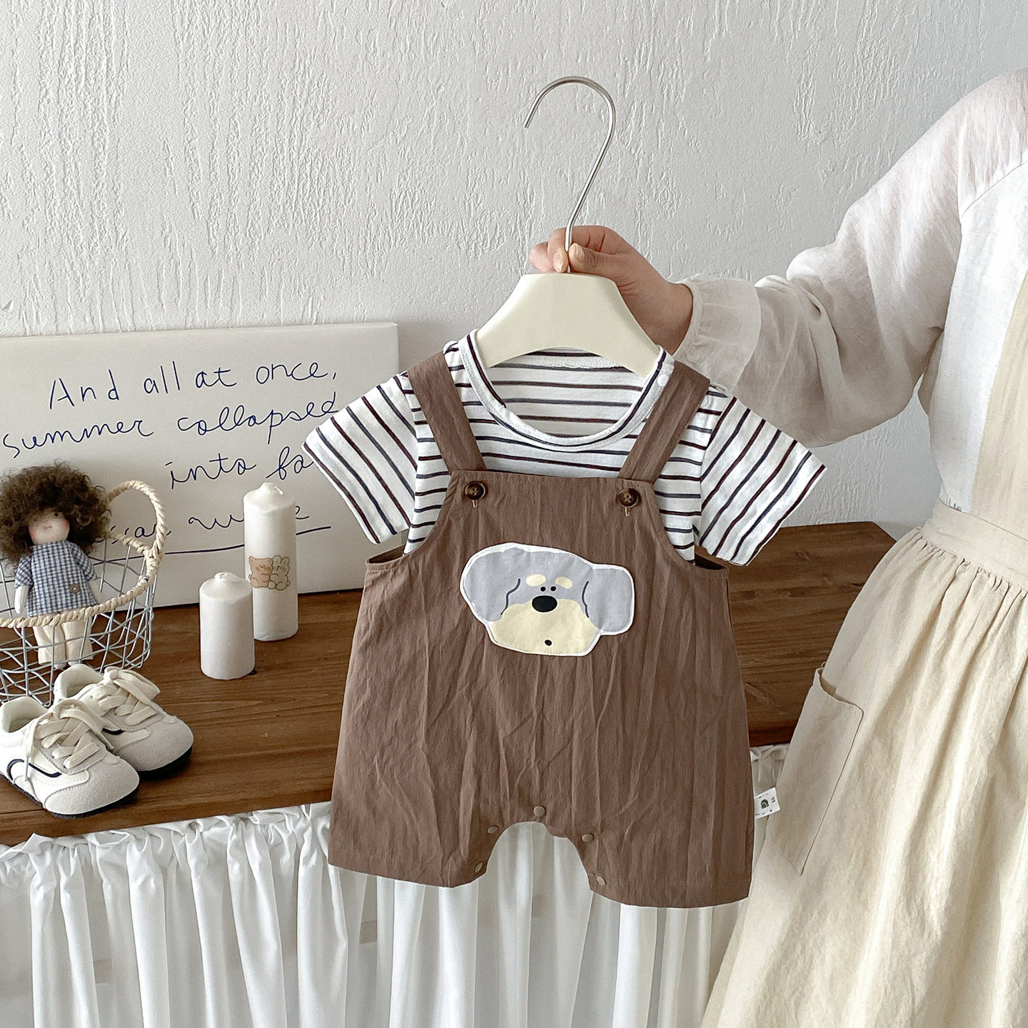 宝宝背带短裤套装夏季新款韩版条纹短袖T恤卡通贴布连体裤两件套