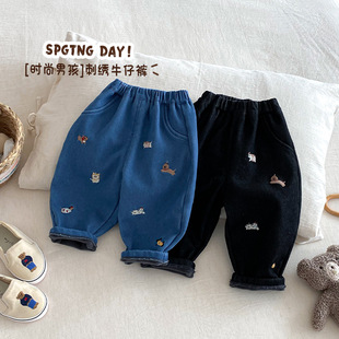 儿童卡通刺绣牛仔裤2025秋冬新款保暖长裤男童时尚加绒加厚裤子潮