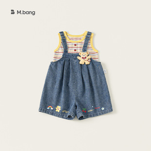 女童条纹背心套装宝宝夏季无袖上衣立体玩偶小熊牛仔背带裤两件套