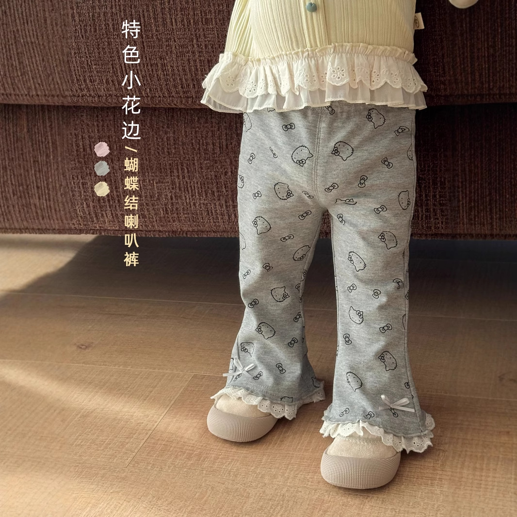 女童纯棉韩版喇叭裤2025春秋新款长裤宝宝波点裤子儿童KT猫打底裤