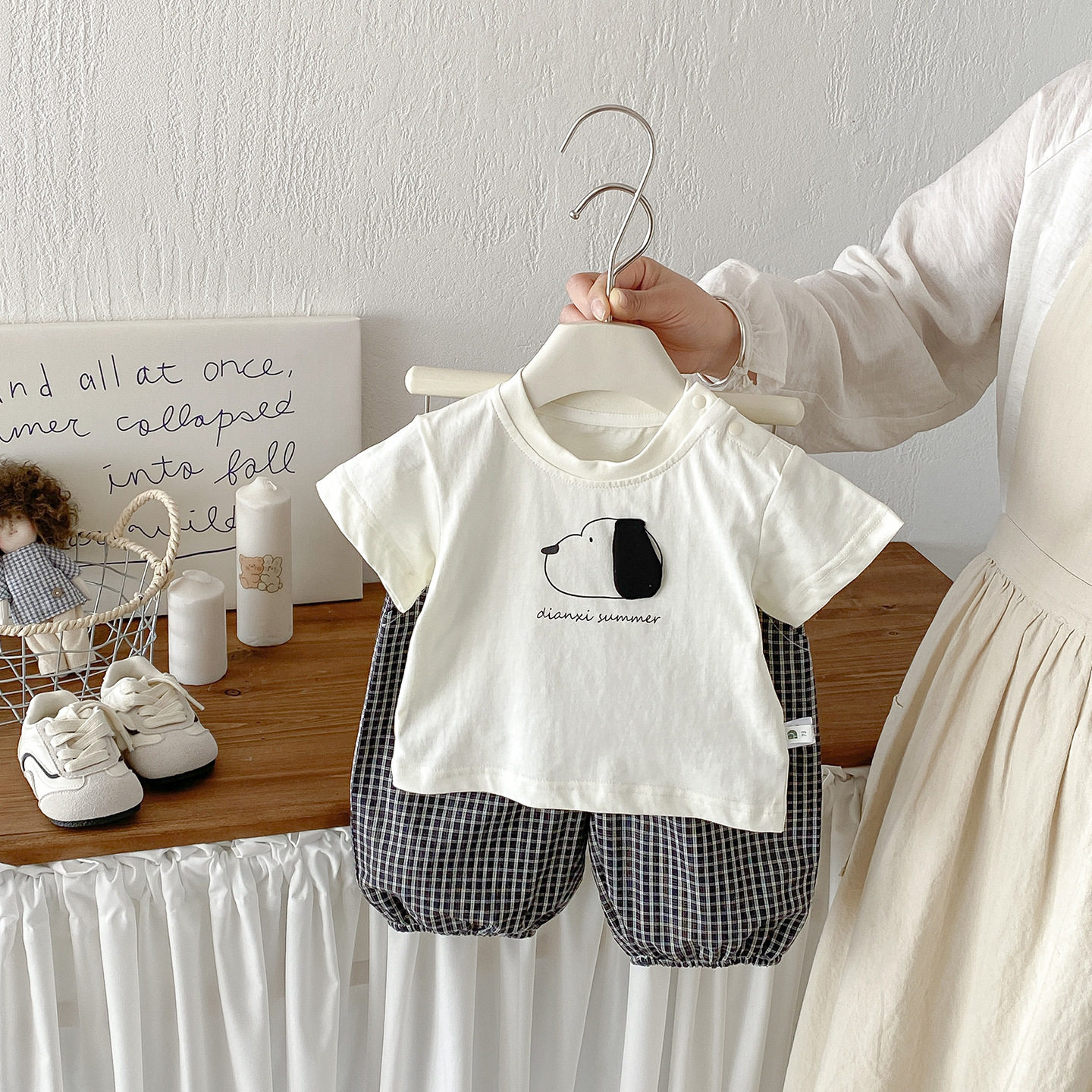 男童夏装套装2026新款儿童卡通短袖T恤韩版宽松纯棉格子裤两件套