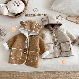女童立体玩偶毛呢外套冬季新款加绒连帽上衣宝宝仿兔毛加厚大衣潮