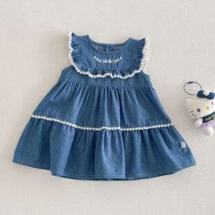 女童绣花连衣裙新款夏季宝宝背心裙花边飞袖公主裙儿童韩版牛仔裙