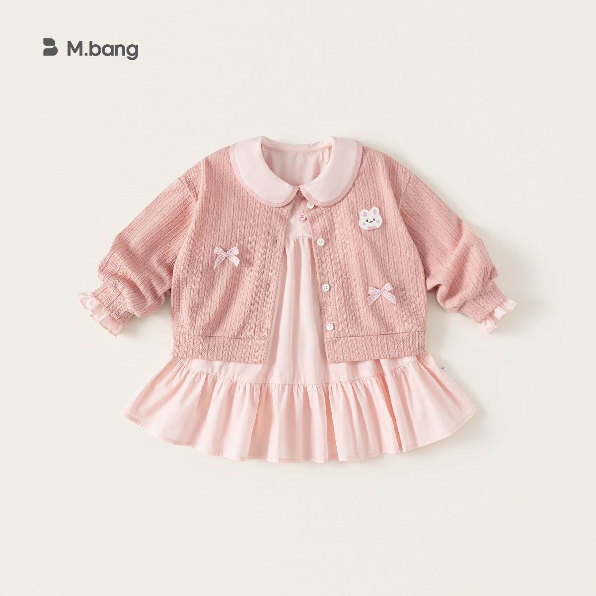 女童春装新款蝴蝶结针织衫套装女孩纯棉兔耳朵娃娃领连衣裙两件套