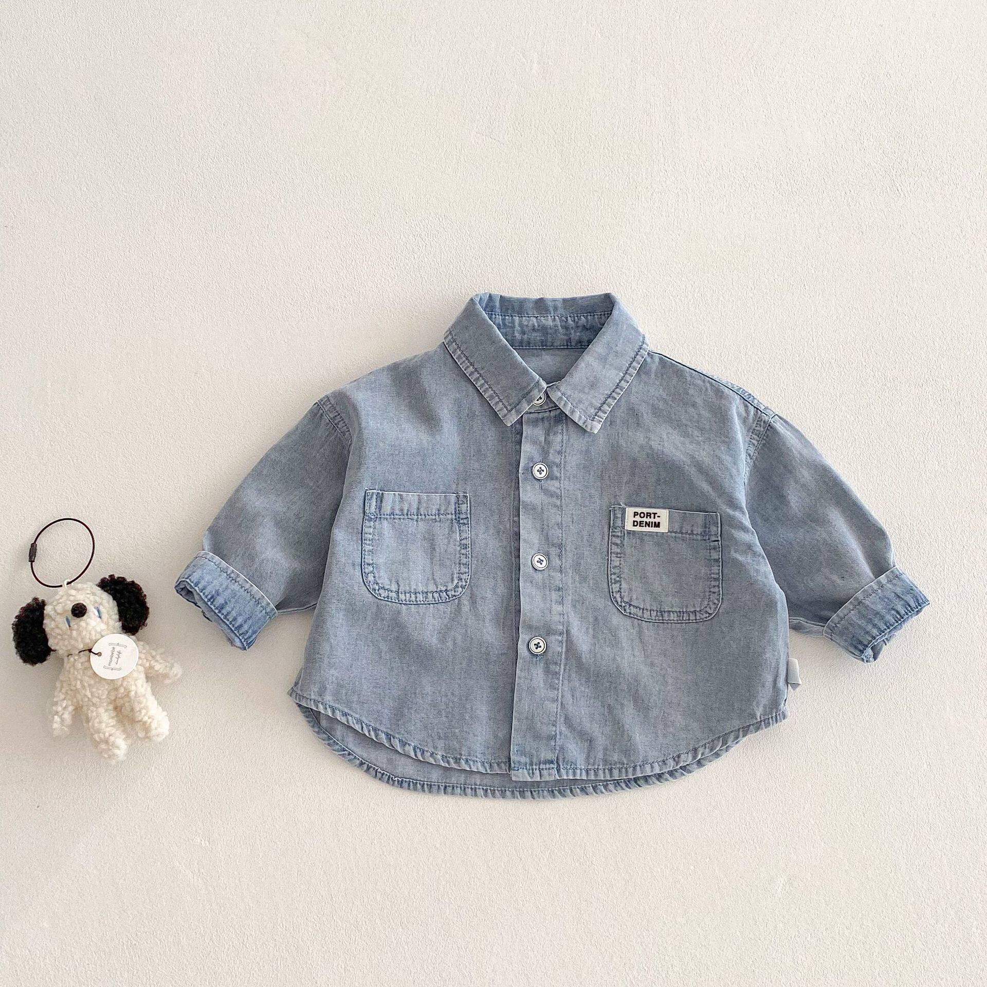 儿童纯棉牛仔衬衫2025春秋新款男童贴标韩版衬衣小童宝宝帅气上衣