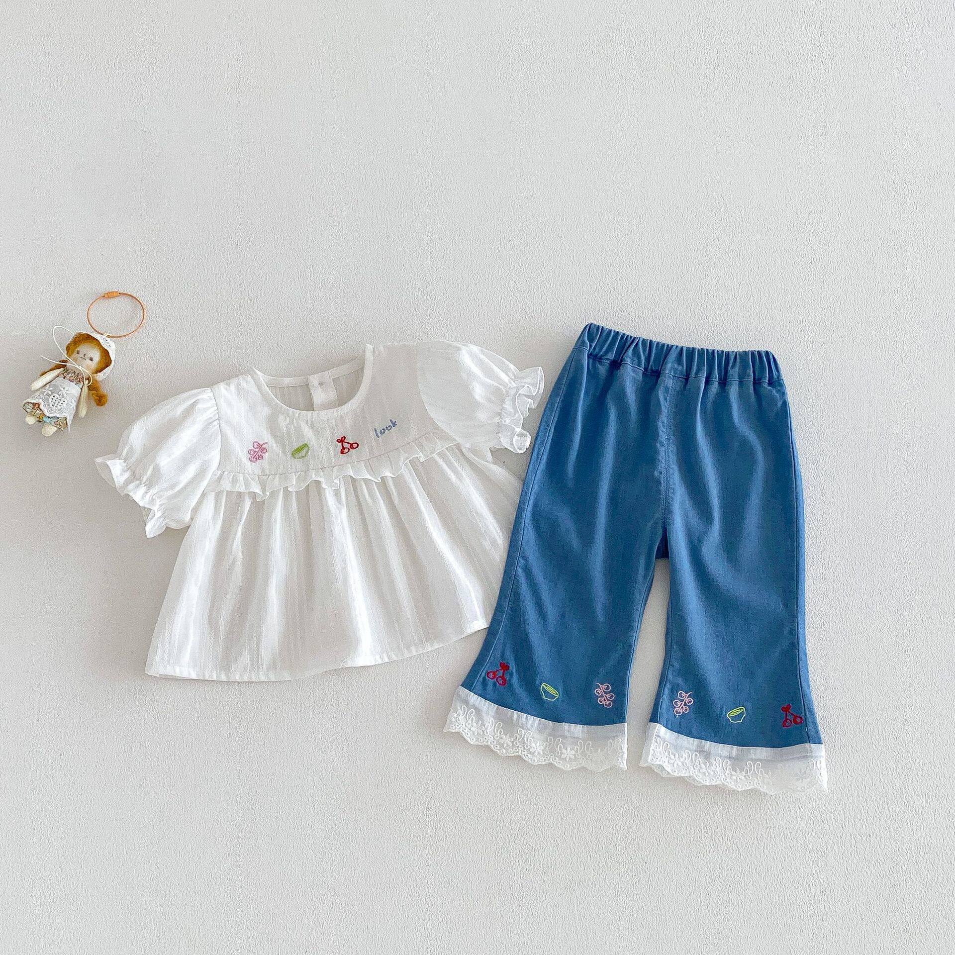 女童刺绣喇叭裤夏季新款宝宝洋气韩版蕾丝花边牛仔裤儿童宽松裤子