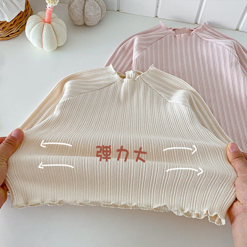 女童纯棉打底衫2025秋冬新款宝宝洋气韩版罗纹上衣木耳边弹力T恤