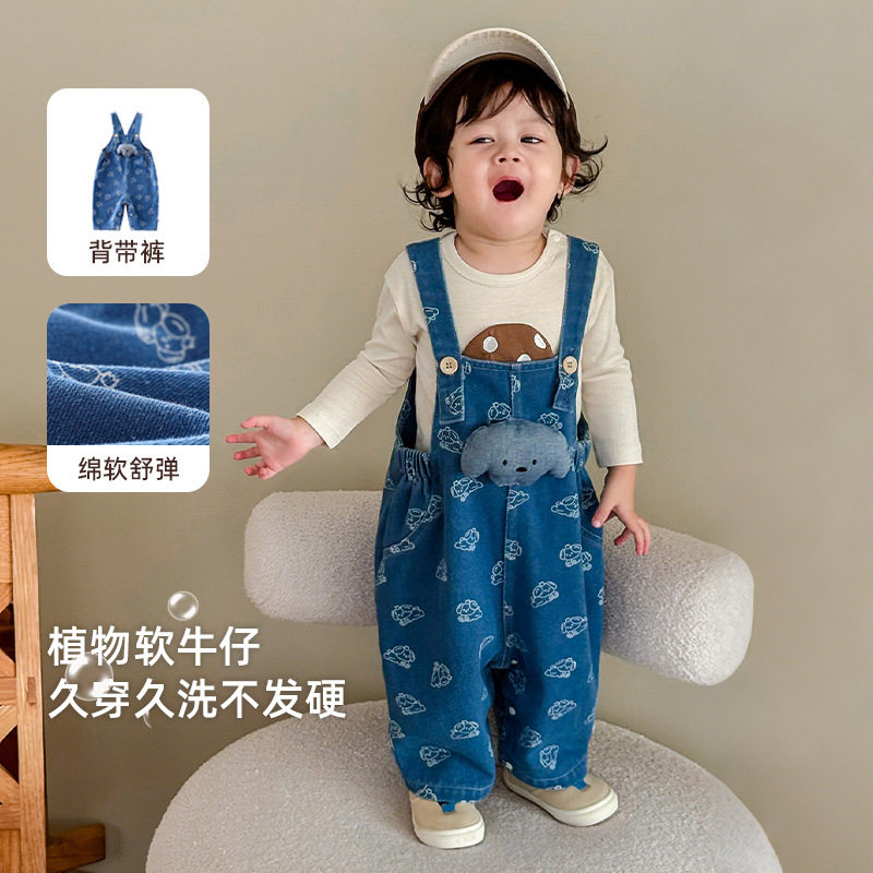 婴儿柔软牛仔连体裤卡通印花长裤