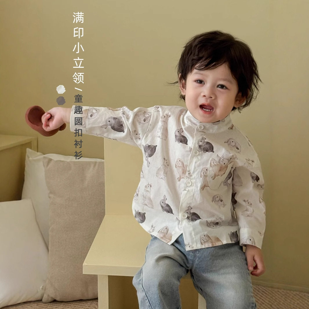 儿童纯棉卡通立领衬衫春秋新款