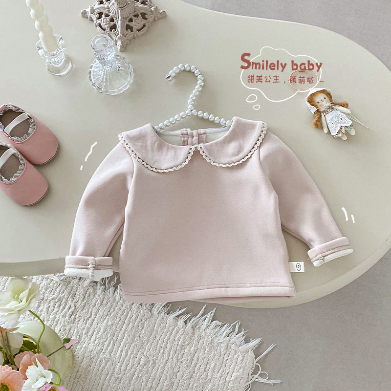 女童加绒打底衫秋冬韩国童装宝宝洋气纯色保暖内搭儿童娃娃领T恤