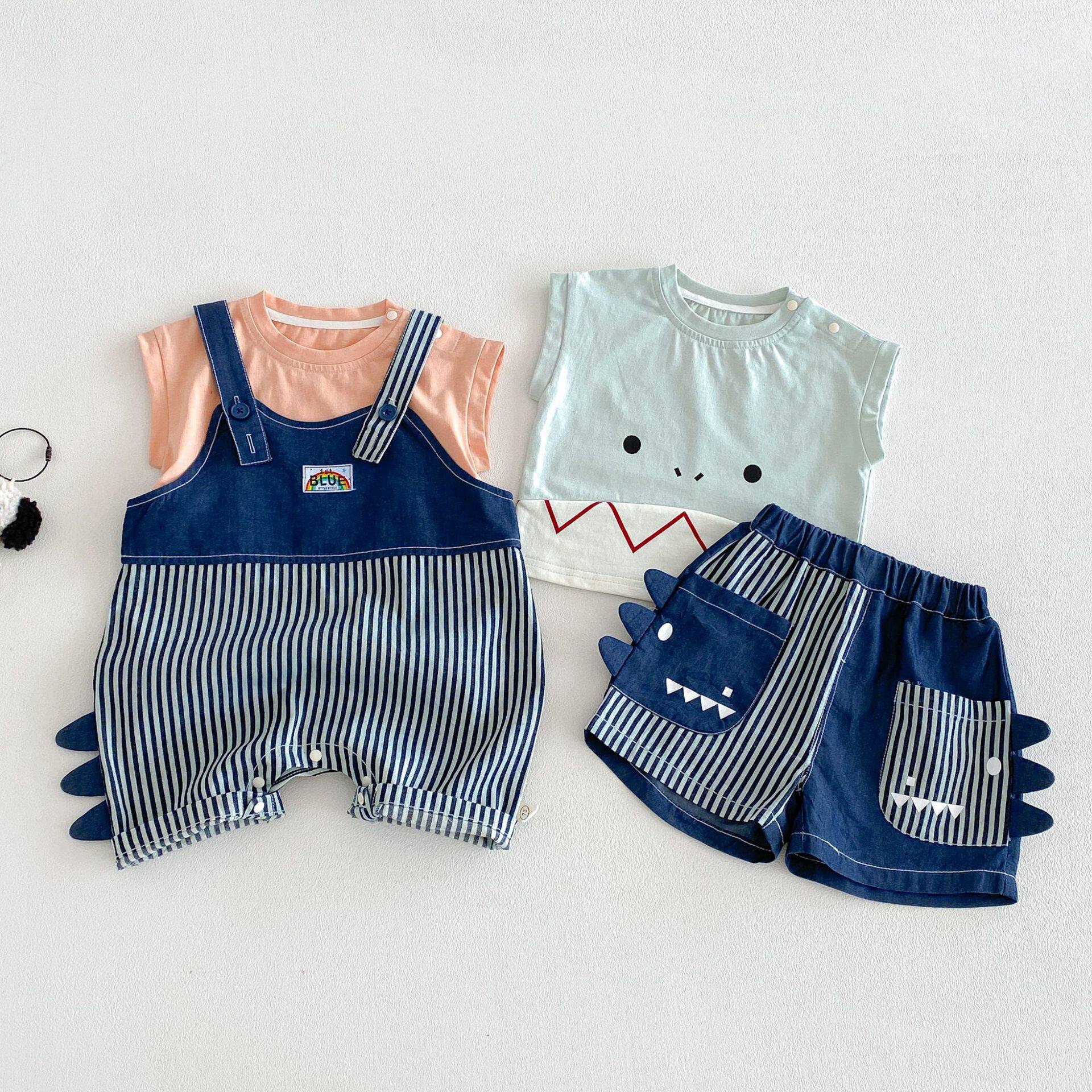 宝宝卡通恐龙牛仔裤2026新款夏季男童韩版背带连体裤小童条纹短裤