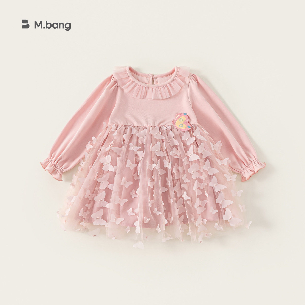 女童春装新款娃娃领连衣裙中大童立体蝴蝶网纱长袖裙子儿童公主裙