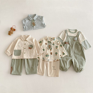 儿童春装 宝宝卡通贴布T恤新款 小树打底衫 男童条纹拼袖 上衣潮 春季