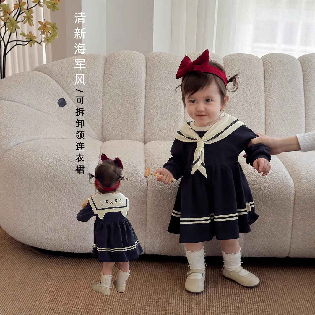 女童纯棉学院风裙子大翻领连衣裙
