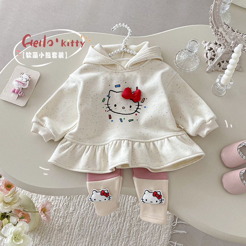 女童加绒加厚卫衣秋冬新款韩国童装上衣宝宝卡通动漫猫咪连帽裙衫