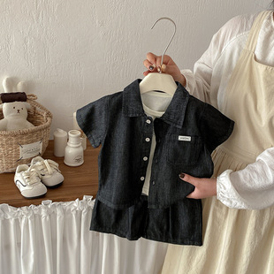 男童夏季牛仔衬衫套装儿童夏装纯棉短袖贴标衬衣宽松短裤两件套