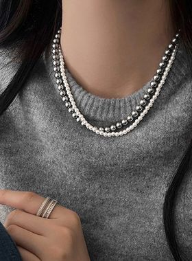 法式珍珠串珠双层项链复古气质高级感毛衣链小众时尚百搭饰品批发