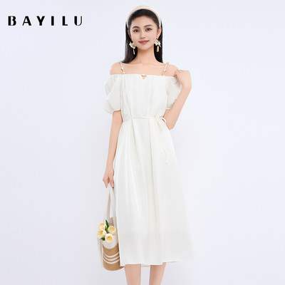 芭依璐BAYILU 2025夏季新款一字肩吊带连衣裙女法式泡泡袖裙