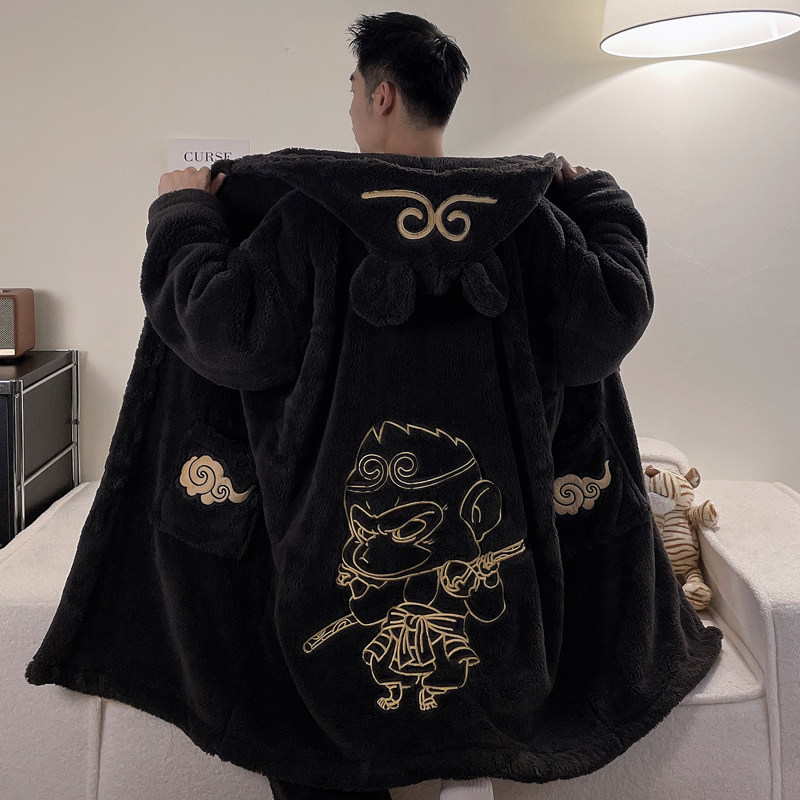 秋冬季睡衣男士加绒浴袍珊瑚绒长袖加肥加大码睡袍卡通家居服套装