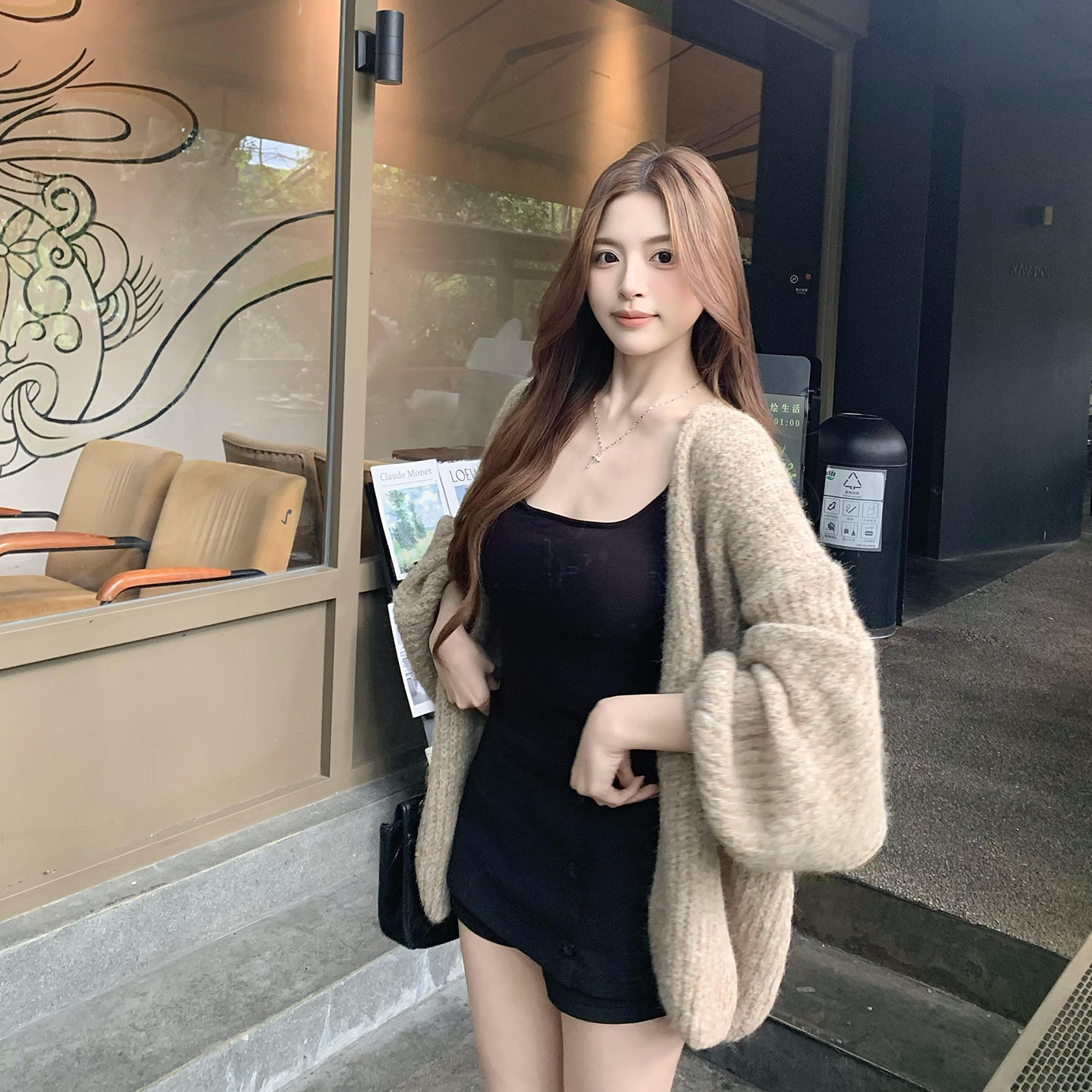 DANDEE【温柔续语】绒绒拉毛感慵懒宽松粗针灯笼袖针织开衫外套女