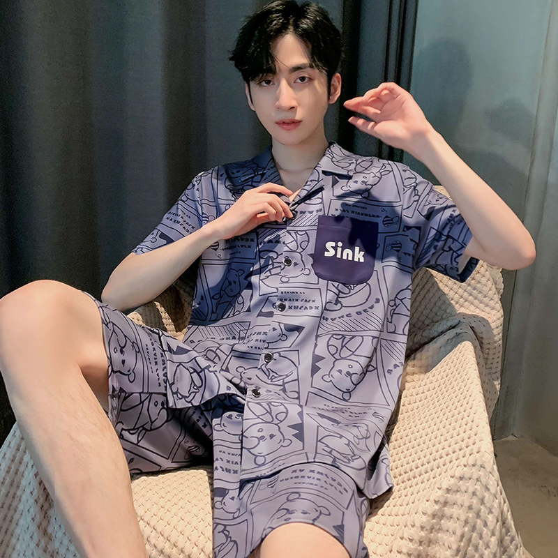 睡衣男夏季2022年新款男士开衫冰丝绸薄款短袖学生夏天家居服套装