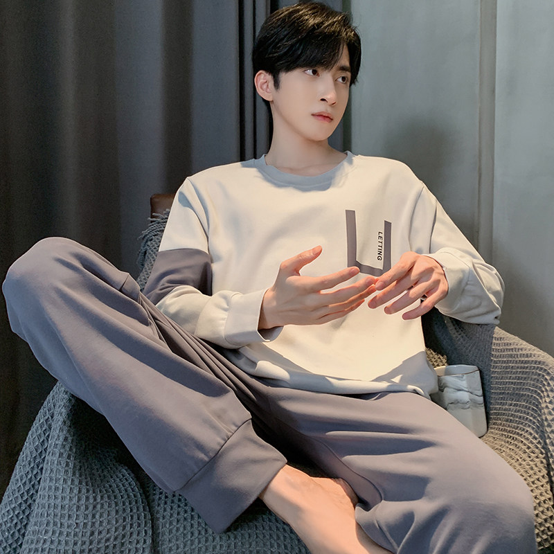 睡衣男长袖春秋款新款男士青少年夏季夏天纯棉宽松男生家居服套装