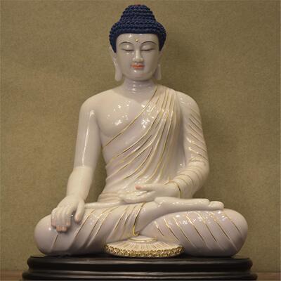 玉雕汉白玉释描金线迦牟尼佛三宝佛药师佛寺庙家居供奉工艺饰品