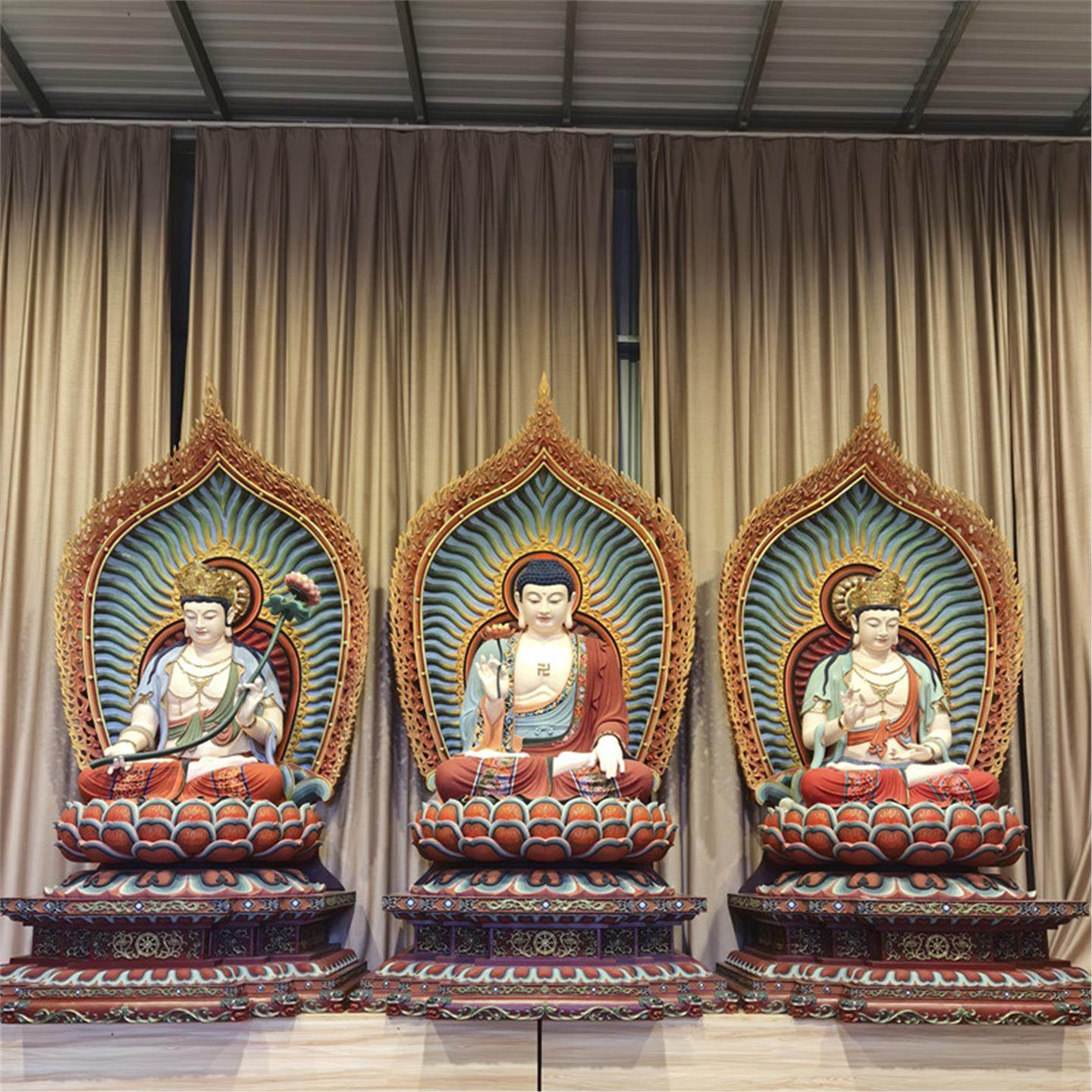 西方三圣木雕彩绘如来佛大势至观音佛像摆件释迦牟尼佛观世音菩萨