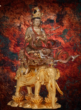 东来紫普贤铜华严三圣宝相释迦牟尼佛文殊菩萨家用京铜摆件