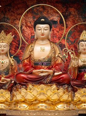 娑婆三圣珐琅彩彩观音地藏释迦佛黄铜家用摆件菩萨摆件佛堂工艺品