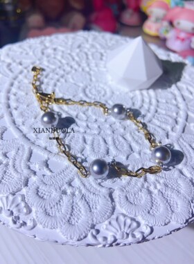 古法灰色复古施加珍珠链条手链 s925银手链镀金21cm