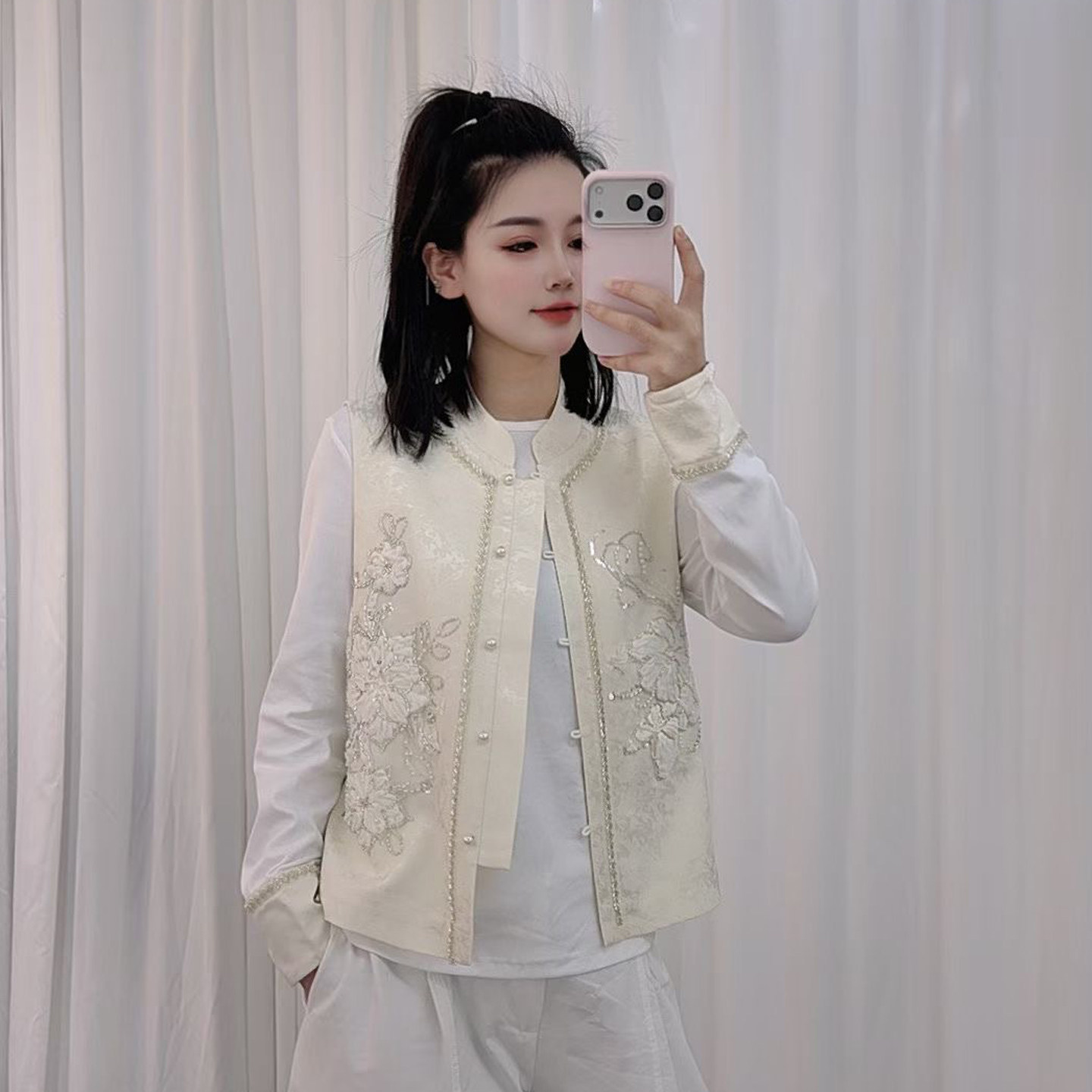 新中式国风马甲套装 轻国风马夹春刺绣钉珠唐装背心无袖坎肩2件套