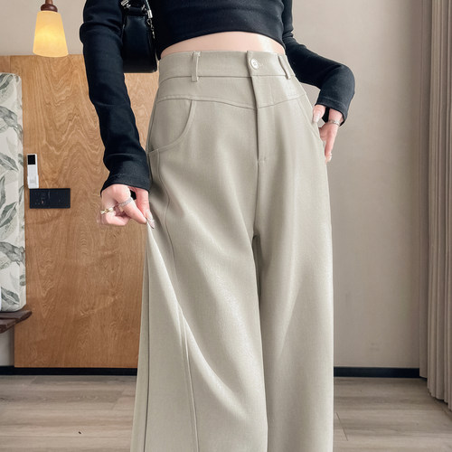 休闲风高腰西装裤女宽松显瘦微弹口袋裤子淑女风