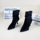 02秋冬季 女短靴瘦瘦靴 时尚 新款 撤柜加绒酒杯高跟尖头金丝绒法式