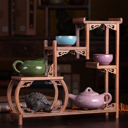 小博古架实木质多宝格阁奇石头底座紫砂壶茶壶架鸡翅木托展示摆件