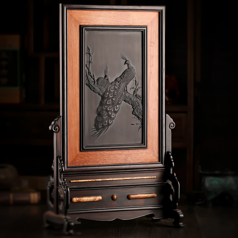 家和富贵孔雀屏风手工艺品 红木雕刻客厅隔断小插屏台屏装饰摆件