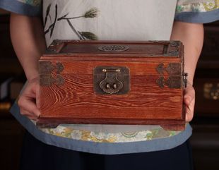 复古红木首饰盒珠宝箱镜子带锁 花梨木雕实木质中式 手饰品收纳盒