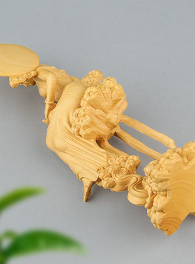 嫦娥奔月汽车装饰摆件 东阳黄杨木雕刻工艺品 文S玩艺术车饰手把