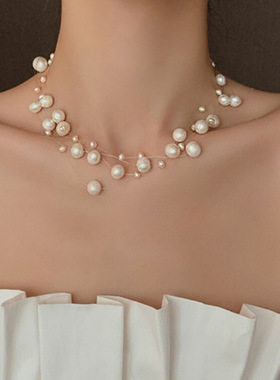 珍珠多层项链法式轻奢优雅小众设计感锁骨链个性百搭高级感饰品女