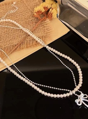新款韩国东大门轻奢珍珠项链天然淡水贝珠蝴蝶结叠戴颈链锁骨链