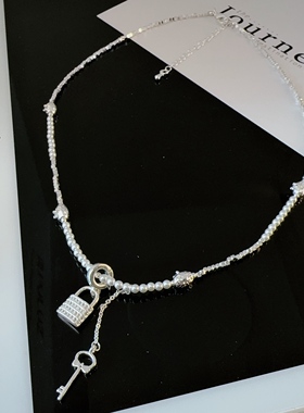 新款韩式珍珠项链女锁头吊坠小众设计感轻奢气质锁骨链流苏配饰