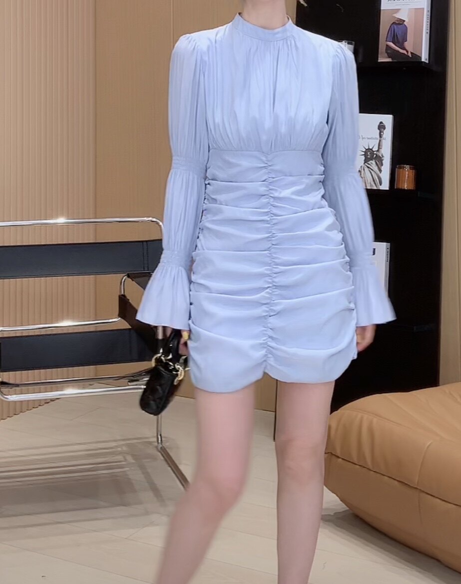 抖音李星儿同款 星儿定制 晚风很温柔蓝色抽褶连衣裙