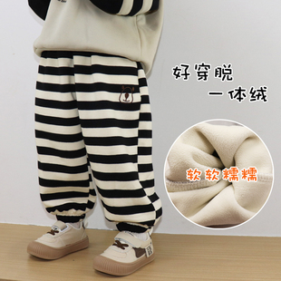 宝宝加绒裤冬季加厚幼儿园儿童休闲裤条纹男童女童一体绒裤子薄绒
