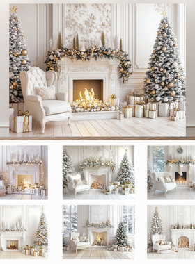 冬季圣诞奢华风圣诞装饰白色壁橱室内拍摄背景布节日儿童拍照挂布