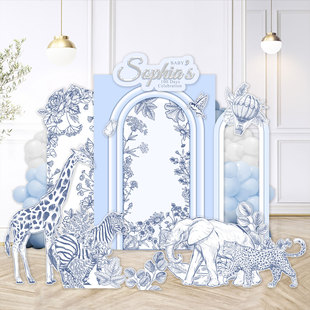 蓝色生日布置装饰KT板卡通动物旋转木马小熊热气球男孩百日宴kt板