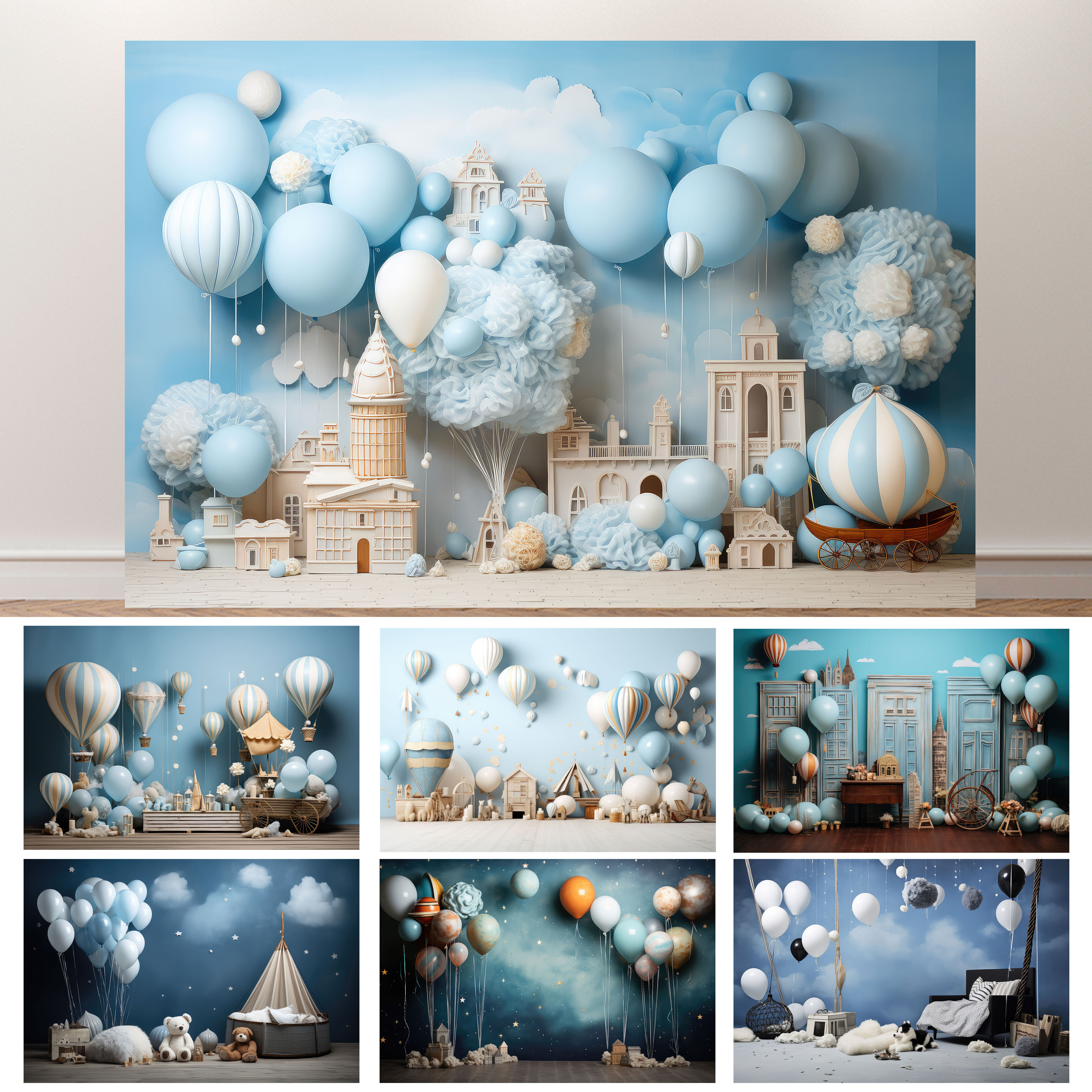 男宝宝百天周岁写真摄影背景布蓝色热气球主题背景室内拍照挂布,3C数码配件,背景布类,淘宝优惠券,粉丝福利购,淘宝优惠卷