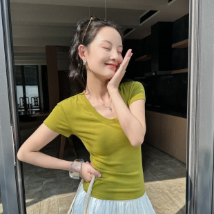 2025春夏DIGM舒適高彈力修身 顯瘦T恤女 打底衫 糖果色U領(lǐng)短袖