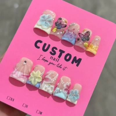 QY【海滩】外贸欧美跨境鸭嘴甲立体雕花手工穿戴甲Press on nails
