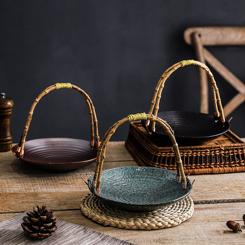 创意陶瓷菜盘手提篮子酒店特色餐盘水果盘干果盘餐厅陶瓷盘摆盘